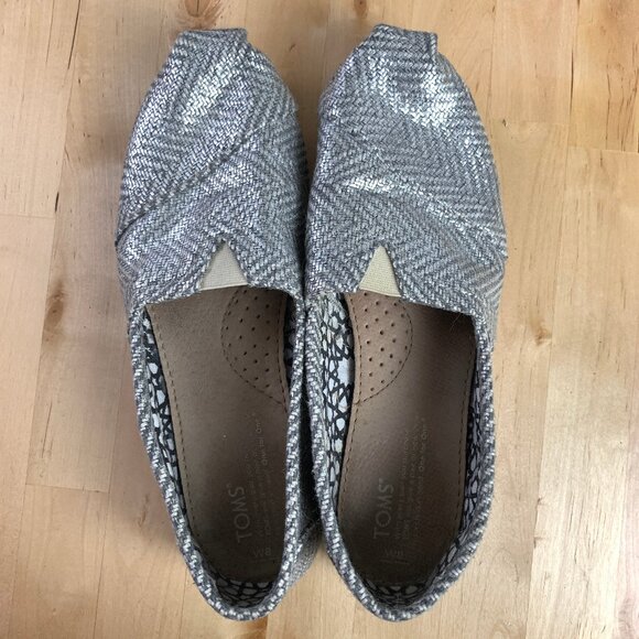 TOMS Metallic Silver Herringbone Womens Classics - Size 8 - Picture 1 of 6